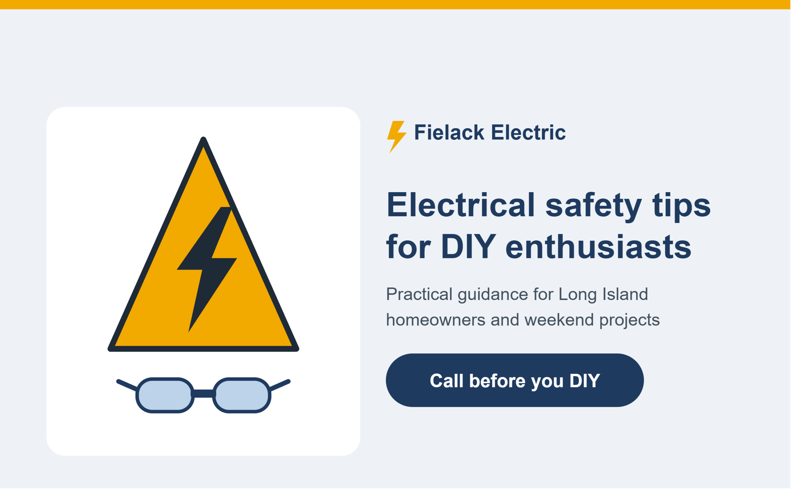 Yellow electrical warning sign above eyeglasses, illustrating DIY electrical safety tips for home use.